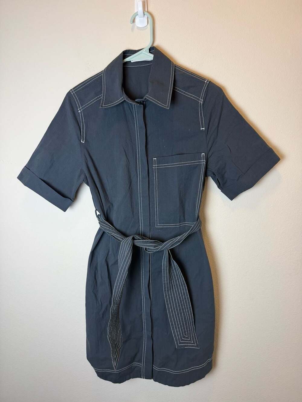 MNG Contrast Stitch Belted Shirt Dress Size 2 Dark Gray
